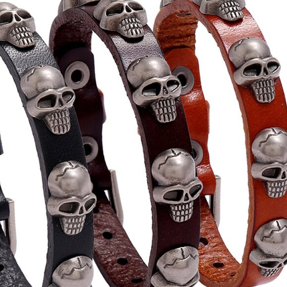 3/$35 Men's Brown Faux Leather Silver Skull Stud Punk Rock Biker Goth Bracelet - Picture 5 of 7